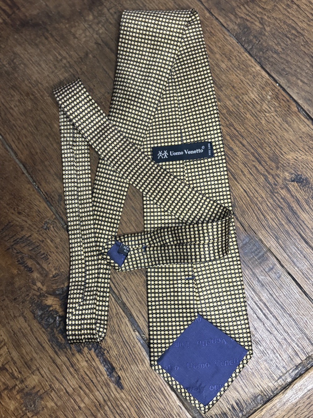 Uomo Venetto 100% Silk Geometric Micro Check Tie Gold Black Vintage Y2K